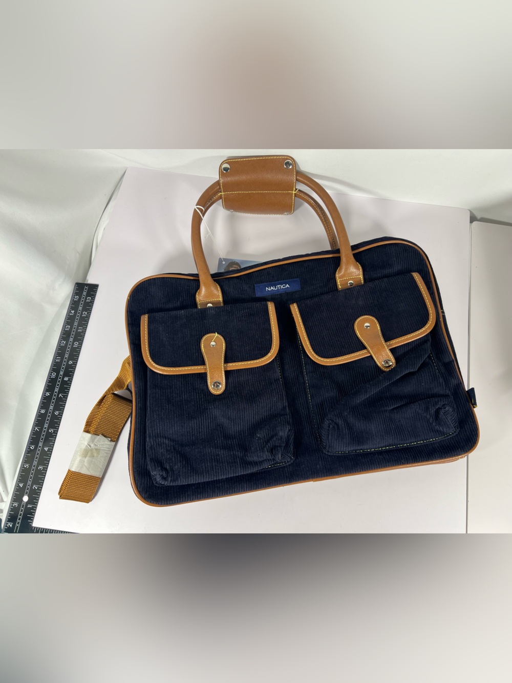 4020: Nautica Voyage Navy Corduroy Leather Trim Promotional Satchel Bag